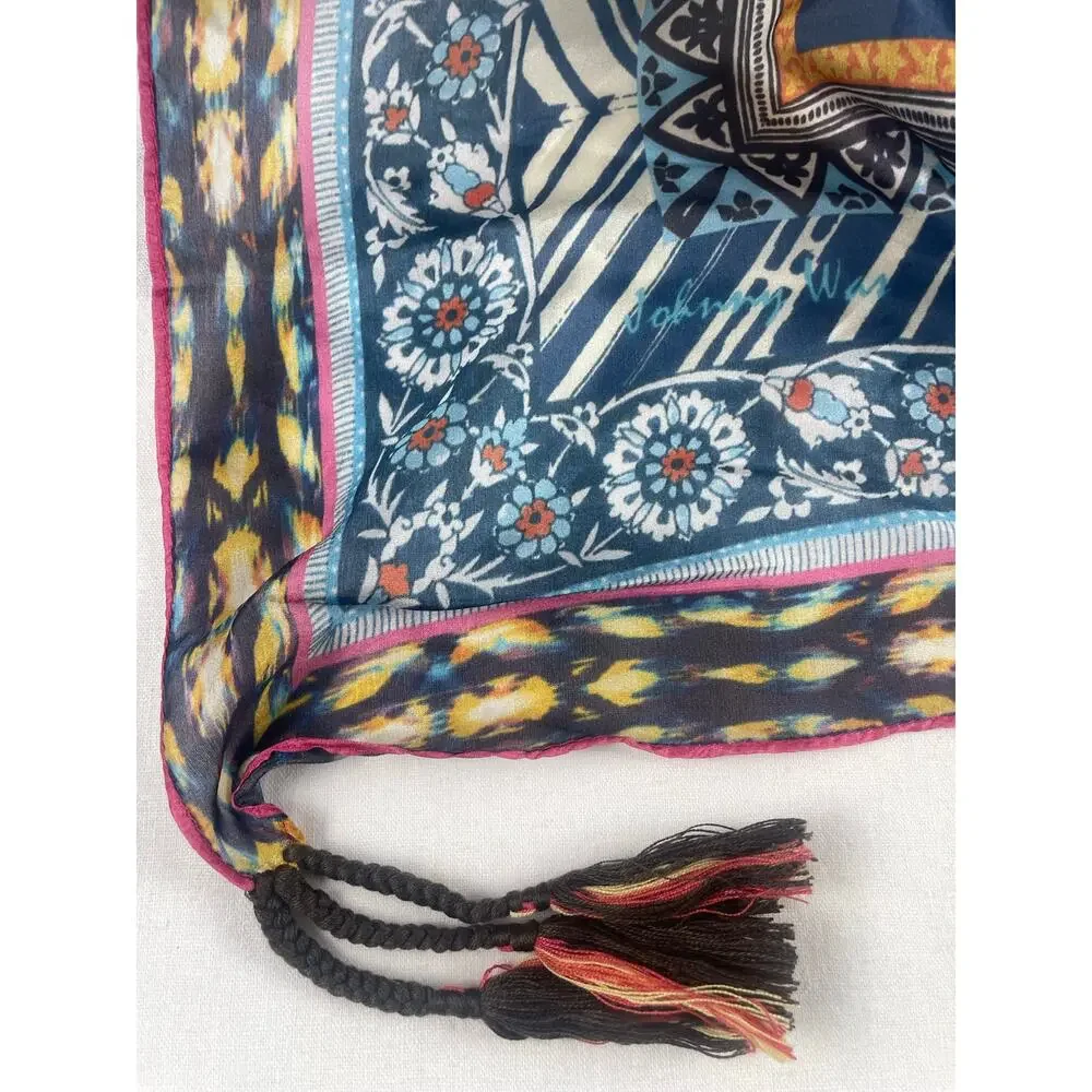Johnny Was Silk Scarf Large Square Patchwork Boho Tassel Wrap Pink Blue